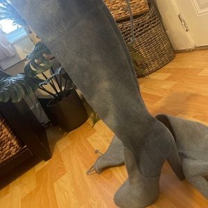 Denim style stretchy lace up boots